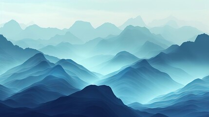 A misty mountain landscape with peaks and valleys fading into the distance, each layer a different shade of blue