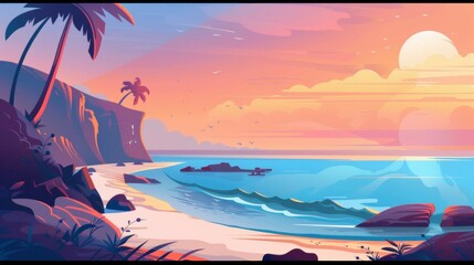 Dawn by the sea flat design side view vacation theme cartoon drawing Complementary Color Scheme
