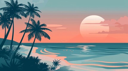 Fototapeta na wymiar Dawn by the sea flat design side view vacation theme cartoon drawing Complementary Color Scheme