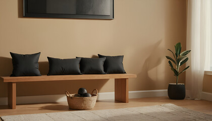 Wooden bench with black pillows against tan wall in modern studio apartment.