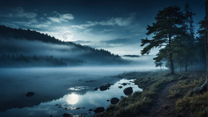 神秘的な夜の森と湖