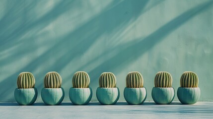 Serene Row of Cacti in Turquoise Pots with Shadows on a Blue Wall