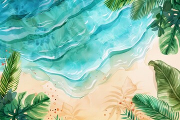 Fototapeta na wymiar Sandy tropical beach flat design top view island getaway theme water color Triadic Color Scheme