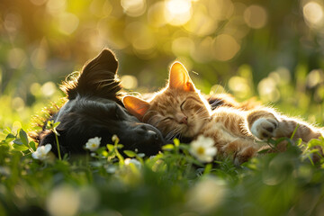 Cute young dog and cat cuddling while sleeping in grass