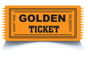 Golden ticket. Realistic golden show ticket. Old premium cinema entrance tickets. Gold admission to movie theater or amusement shows vector set.
