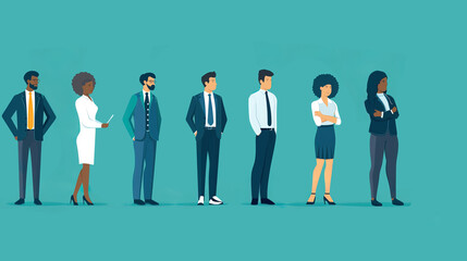  Minimalist illustration of business people standing in line, flat design with simple shapes, vector art on a teal background depicting a corporate office setting.  diversity men and women office