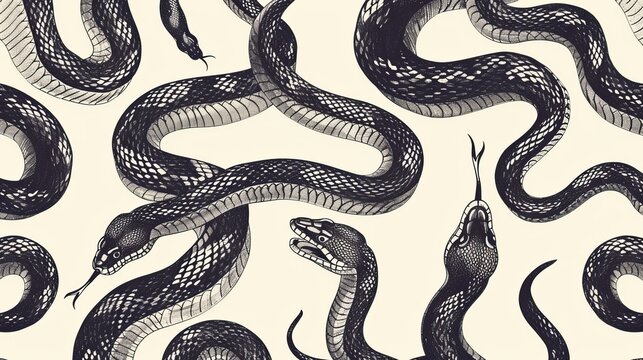 A seamless vector hand-drawn pattern featuring snakes.