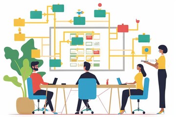 A project manager handing out assignments to each team member, creating a cohesive workflow diagram on a screen