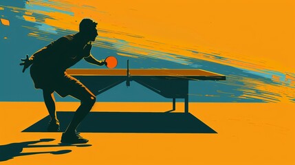 A silhouette of a table tennis player against a ping pong background adds depth to the sports scene.