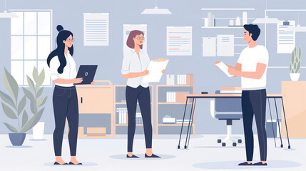  flat vector illustration shows two women and one man standing in an office setting. Each person is holding papers or documents while having a conversation with another person nearby. several shelves.