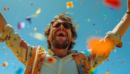 Freeze the moment of elation as a happy customer celebrates against a backdrop of clear blue skies, their jubilant spirit captured in intricate detail.