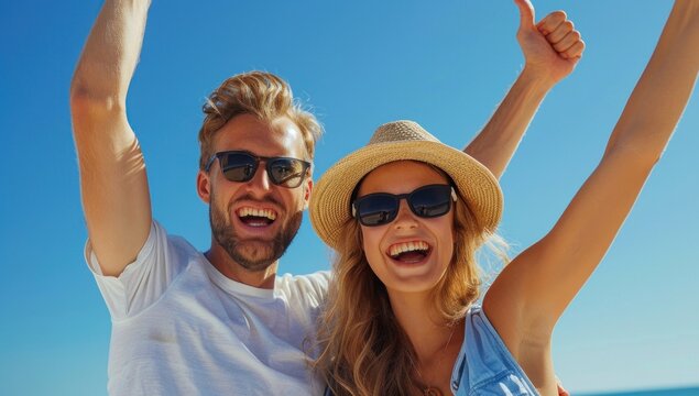 Highlight the exuberant gesture of a happy customer against a backdrop of clear blue skies, their satisfaction captured in exquisite detail.