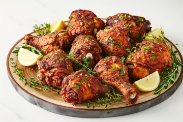 Rustic Wooden Board with Deliciously Seasoned Air Fried Chicken and Garlic Powder