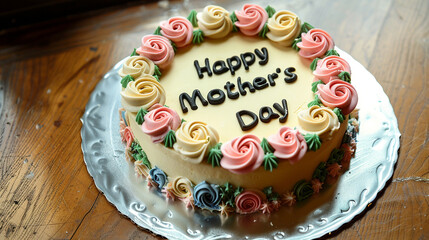 Elegant small cake with marzipan roses and "Happy Mother's Day" inscription.