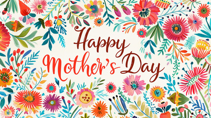 Floral-themed Mother's Day card bursting with vibrant colors and intricate botanical illustrations, alongside "Happy Mother's Day" in joyful script.