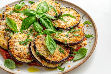 Crunchy Air Fried Eggplant Parmesan with Breadcrumbs and Olive Oil Drizzle