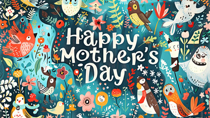 Illustrated Mother's Day card featuring whimsical characters and scenes, with "Happy Mother's Day" woven into the playful imagery.