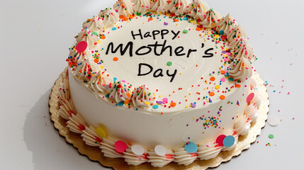 Whimsical cake featuring confetti, icing, and "Happy Mother's Day" written in frosting on white.