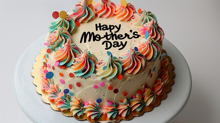 Whimsical cake featuring confetti, icing, and "Happy Mother's Day" written in frosting on white.