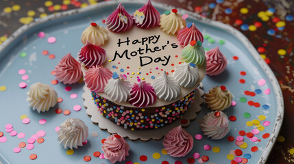 Whimsical mini cake with confetti, icing, and "Happy Mother's Day" written.