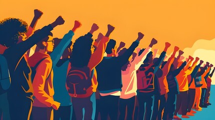 Black people with raised hands fist, excitement, vote, victim, support illustration