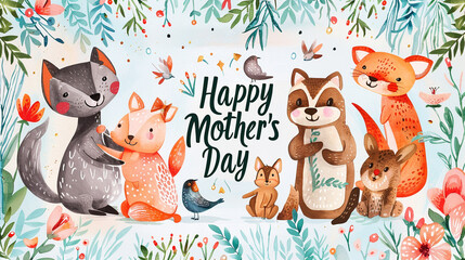 A whimsical Mother's Day card with adorable animal characters and "Happy Mother's Day" written in a fun, whimsical font.