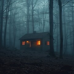 Fototapeta na wymiar The horror theme of a shack house with dim lights behind the forest trees looks eerie when it's foggy and winter, abstract, scary, mystical, long shot, wide angel, realistic