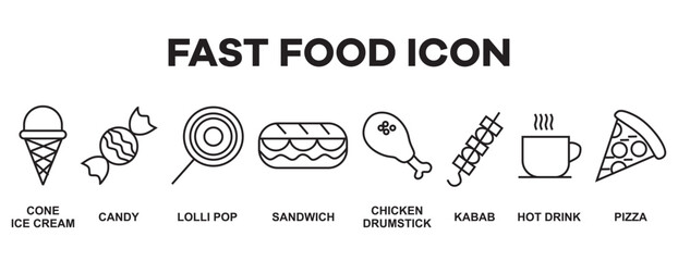 Fast food vector icon line set. Burger sandwich pizza hot dog cola coffee sweets