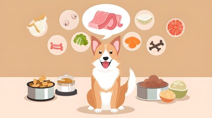 illustration of A dog thinking about healthy pet food, healthy dog diet, pet diet