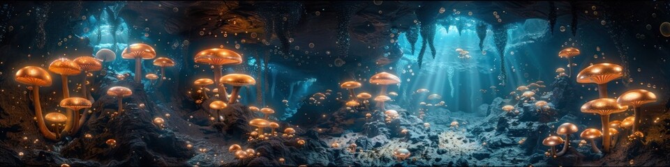Ethereal Glowing Mushroom Grotto with Bioluminescent Creatures in an Otherworldly Underwater