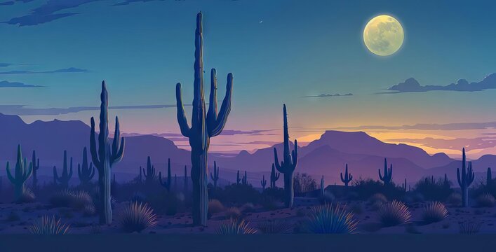 A stunning desert landscape at twilight, with giant saguaro cacti casting long shadows in the moonlight