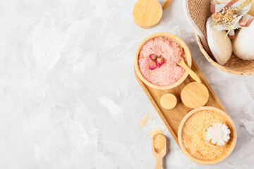 Spa composition with sea salt on light background