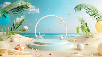 Obraz premium A summer travel poster banner features a beach scene with sand and vibrant colors, perfect for promoting vacation destinations.