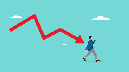 investment sales fall with haunting losses, panic businessman running avoiding descending arrow graph concept vector illustration