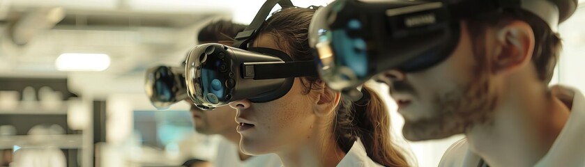 A team wearing virtual reality headsets, exploring new virtual environments for a joint project