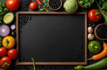 Frame of organic food. Fresh raw vegetables with black beans.
