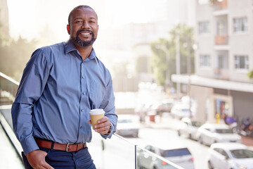Black man, portrait and office balcony in city with drink, summer and corporate employee for work break. Male entrepreneur, coffee and railing in workplace with smile, business career and sunshine