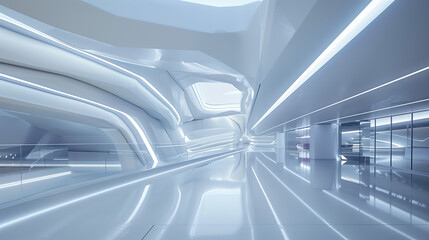 Within the modern futuristic building, sleek architecture seamlessly integrates innovative design elements with ambient lighting