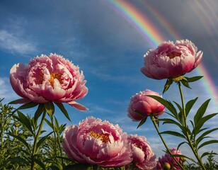 A peony outline with a colorful rainbow in the sky.
