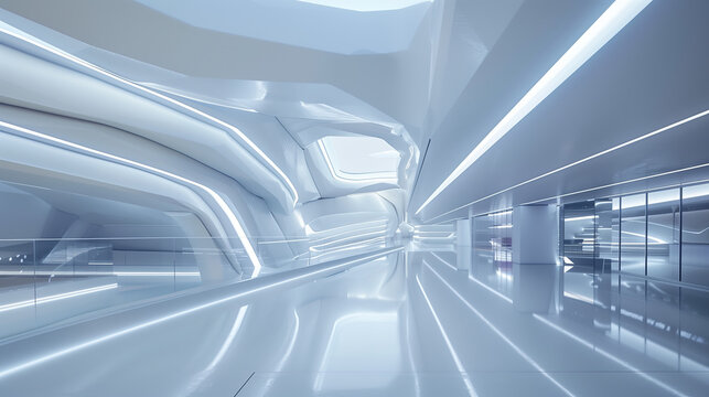 Within the modern futuristic building, sleek architecture seamlessly integrates innovative design elements with ambient lighting