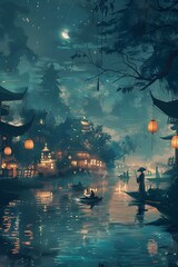 Obraz premium Night view of ancient Chinese village and river at night with full moon