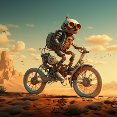 robot riding motorcycle in the desert