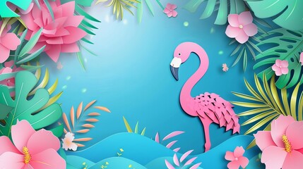 Naklejka premium A tropical summer background banner is adorned with paper-cut art, capturing the essence of the season.