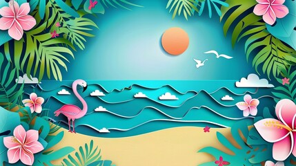 A tropical summer background banner is adorned with paper-cut art, capturing the essence of the season.