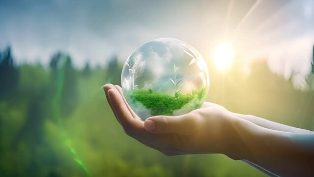 Hand holding the earth with global environmental for Reduce CO2 emission , renewable energy and green business concept