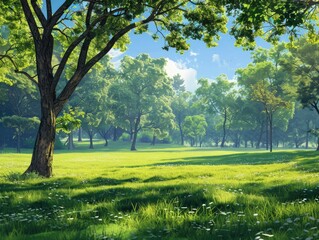 Gentle morning light illuminating green trees in a park, with lush green grass under the blue sunshine. A peaceful and serene scene to start the day! 