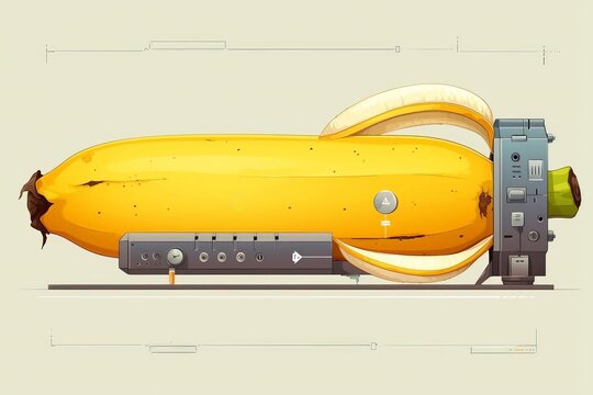 Banana-shaped spaceship with retro-futuristic design. Yellow body, brown peel, and silver accents. Detailed illustration with a blueprint-style background.