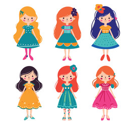 Six cute cartoon girls varying hairstyles dresses colors smiling, girl unique dress hairstyle expression isolated white background. Childrens book illustration fashion variety playful characters