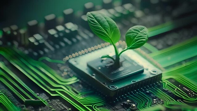 Tree sapling that broke out from computer chip , Green tree sprout on a computer chip
