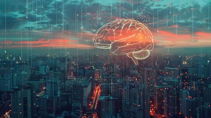 An abstract image of a digital brain superimposed on a cityscape, representing the integration of smart technology in urban planning - obrazy, fototapety, plakaty
